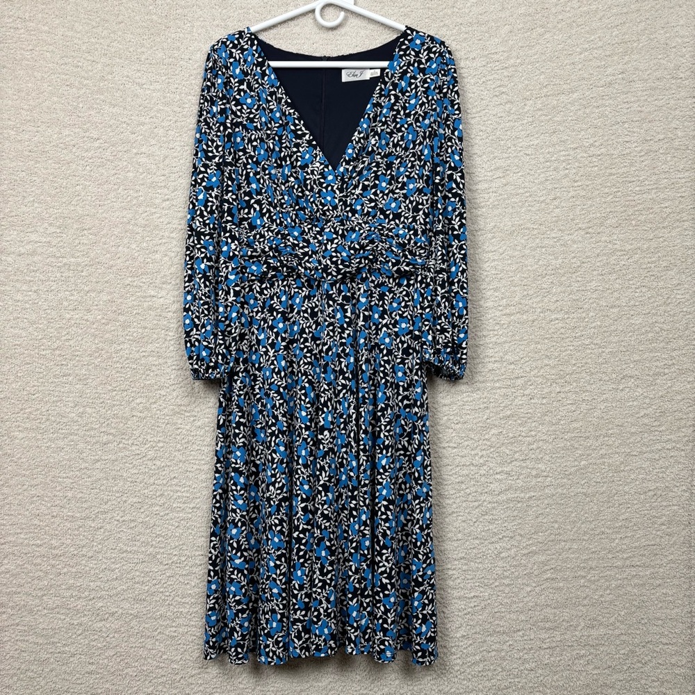 Eliza J Dress Womens 14 Blue Long Sleeve Floral Print V-Neck Shift‎ Liquid Knit